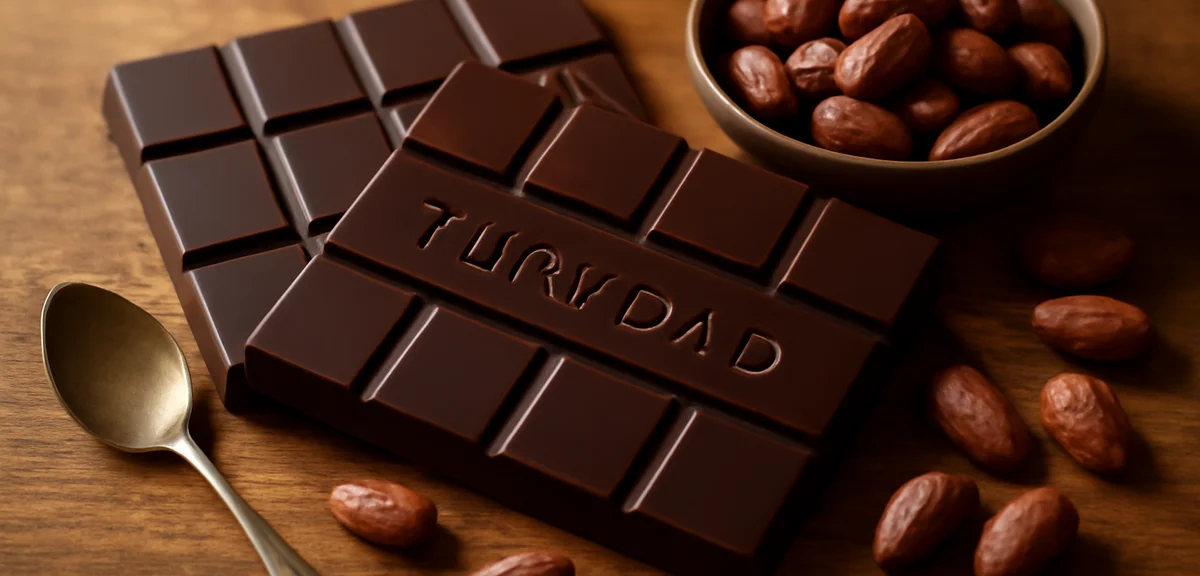 Premium single origin Trinidad chocolate bars with origin information, cacao beans beside them, soph