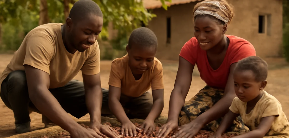 Small-scale West African cacao farm with a family working together, drying cacao beans by hand, mode