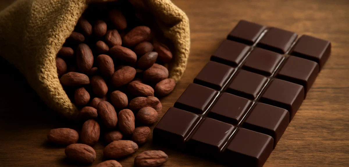 Cacao beans in a burlap sack next to a chocolate bar, symbolizing the gap between raw material and f