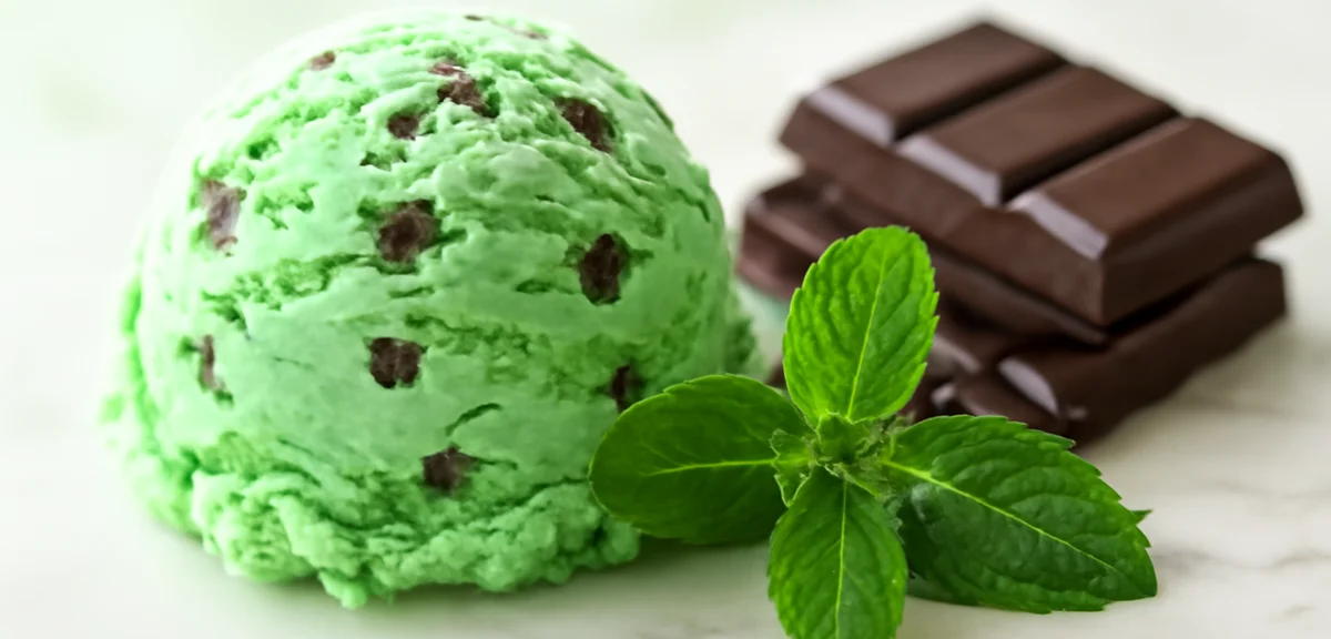 A scoop of mint chocolate chip ice cream and mint chocolate bars arranged together, vivid mint green