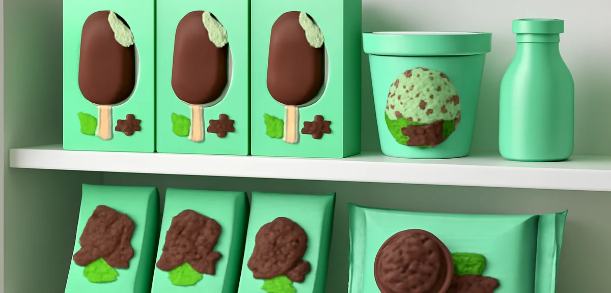 Various mint chocolate products on a shelf, bars ice cream cookies and drinks in mint green packagin