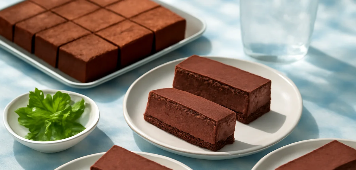 Cold chocolate desserts served chilled on a summer table, nama chocolate and chocolate terrine slice