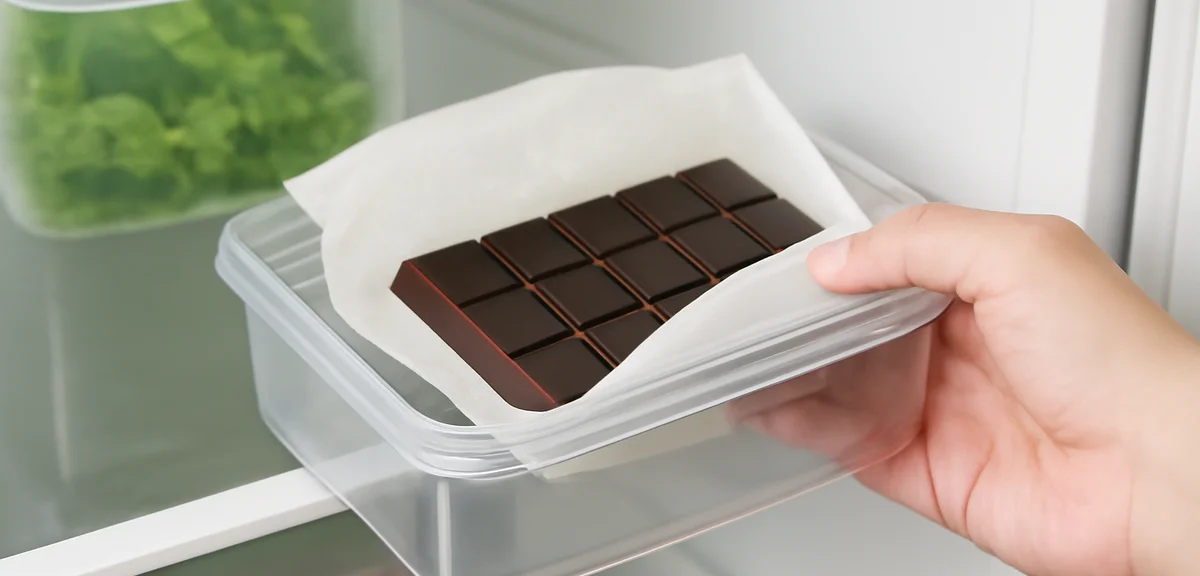 Chocolate being wrapped and stored in an airtight container in a refrigerator, proper chocolate stor