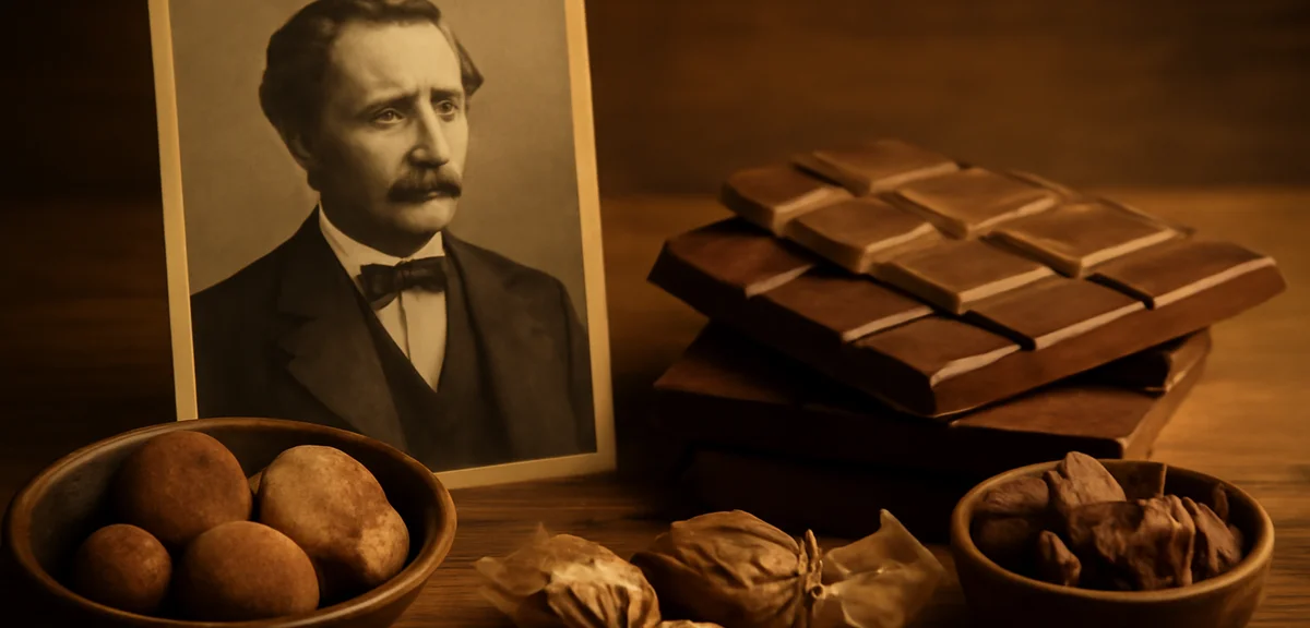 A vintage-style tribute to a chocolate pioneer, classic chocolate bars and old-fashioned confectione