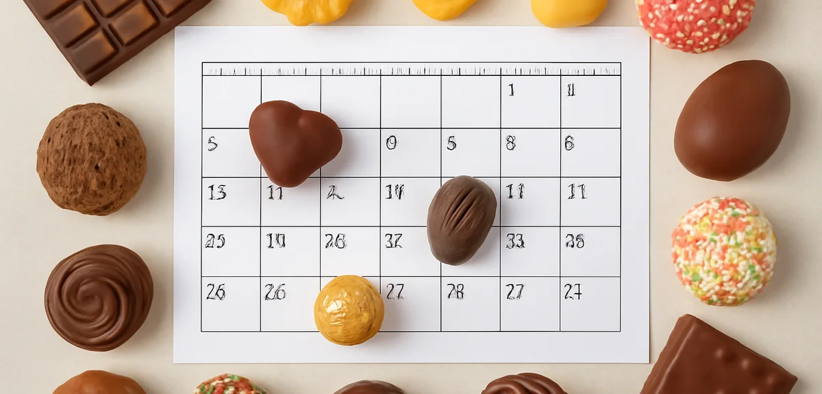 A calendar-themed flat lay with chocolates marking different celebration days throughout the year, c
