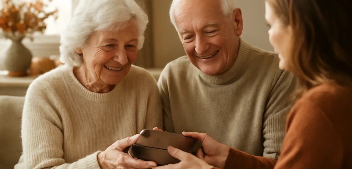 A warm intergenerational moment with grandparents receiving a chocolate gift, cozy home setting with