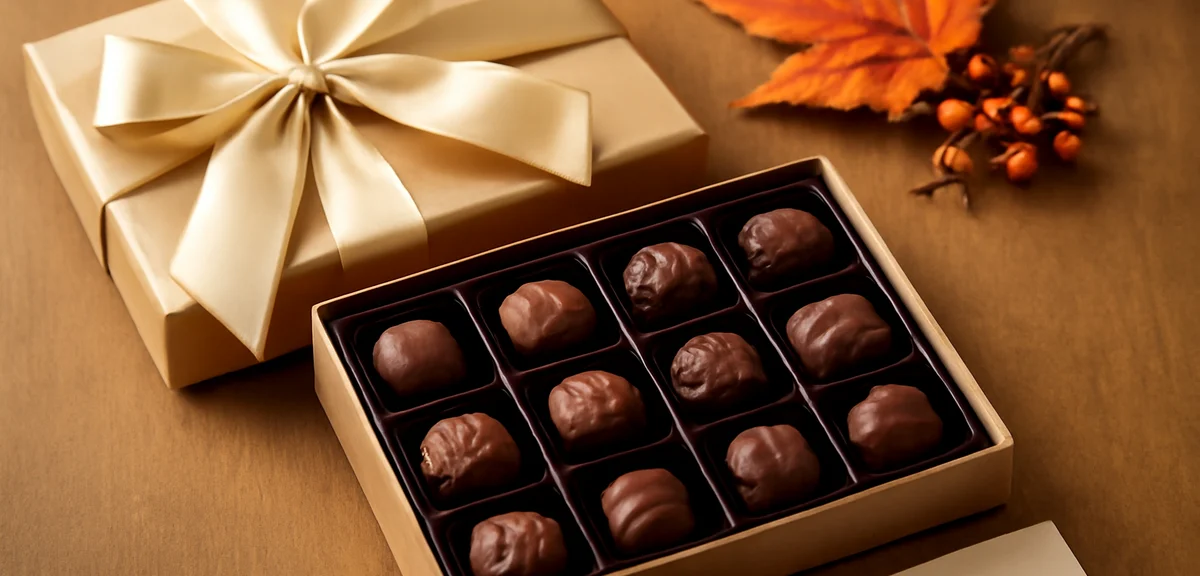 Elegant assorted chocolate gift box with formal wrapping and a handwritten message card, autumn seas
