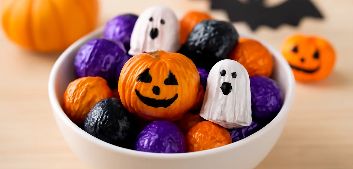 Colorful Halloween chocolates in orange purple and black wrapping, pumpkin and ghost shapes, arrange