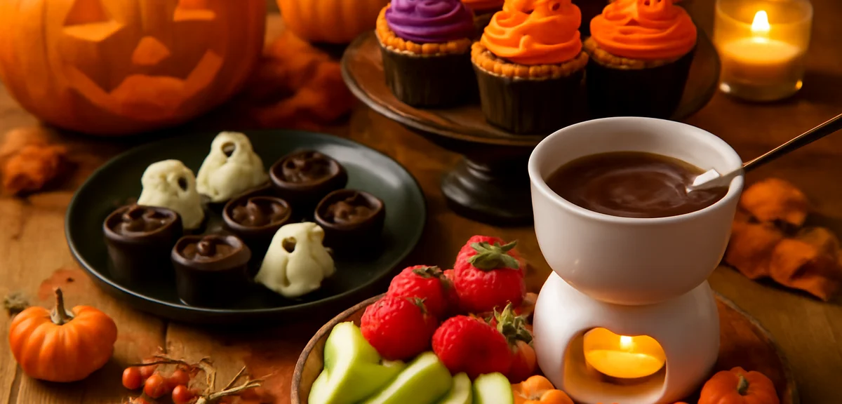 A Halloween party table with chocolate treats, chocolate fondue with fruits, decorated cupcakes with