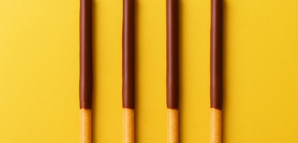 Chocolate coated stick snacks lined up like the number 1111, playful arrangement on a bright surface