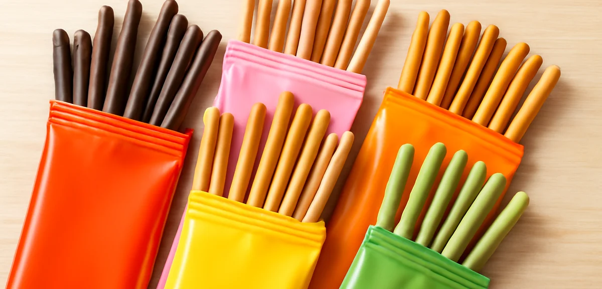 A variety of chocolate coated stick snacks in different flavors displayed together, colorful packagi