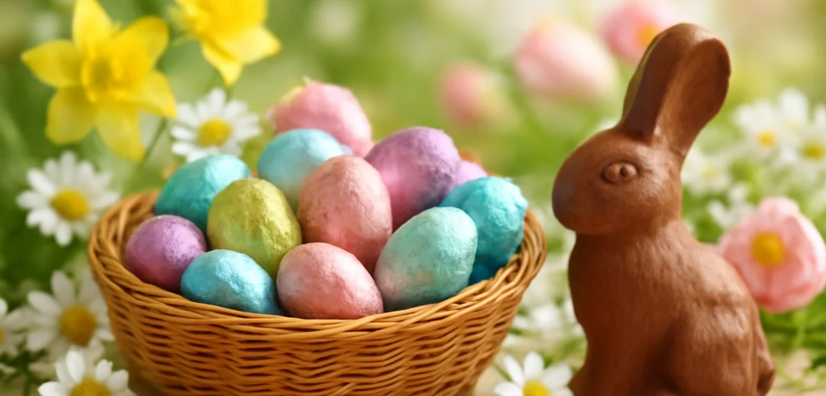 Colorful Easter chocolate eggs wrapped in pastel foil arranged in a basket with spring flowers and a