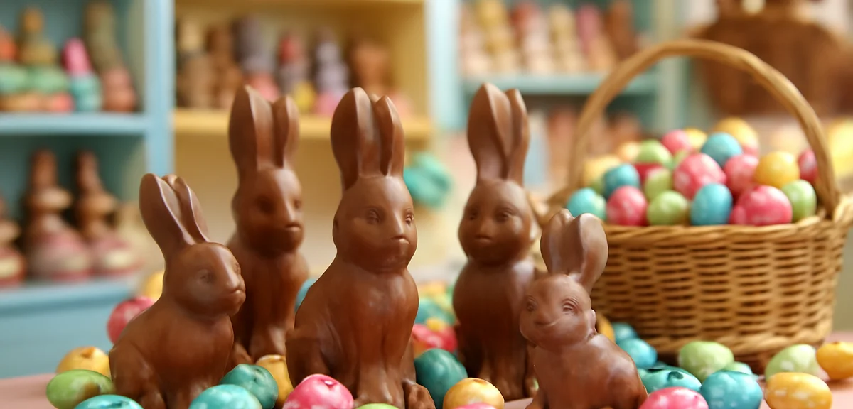 A festive display of Easter chocolate bunnies and foil-wrapped eggs in a European shop, pastel sprin