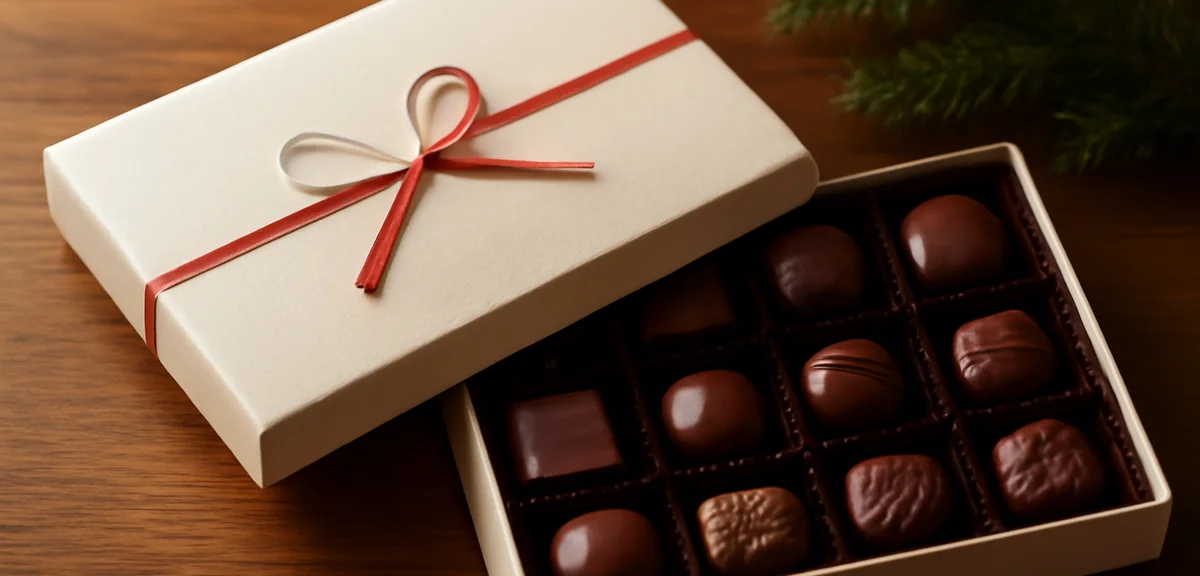 A formal year-end gift box of assorted chocolates with traditional noshi paper, elegant winter prese