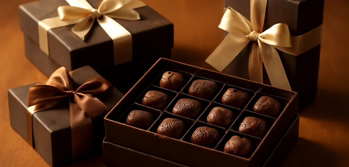 Elegant assorted chocolate gift boxes suitable for year-end gifting, premium winter packaging with r