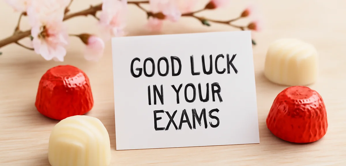 Red and white good luck chocolates arranged with a cherry blossom decoration and an encouraging mess