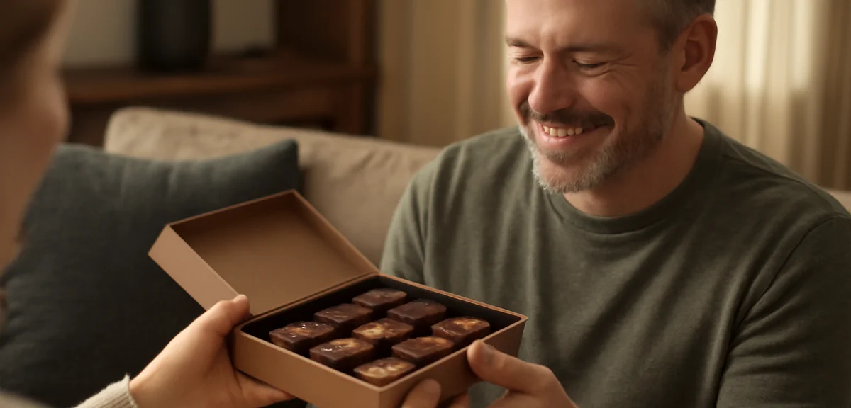 A warm Father's Day moment, a gift of premium chocolates handed to a father, cozy home setting with 