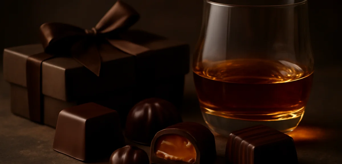 An elegant selection of dark chocolates and whisky bonbons beside a glass of whisky, sophisticated m
