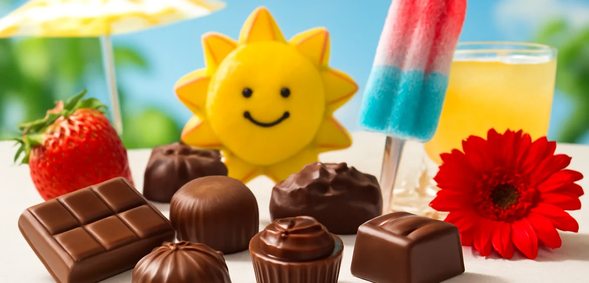 A bright summer scene celebrating chocolate on July 7, assorted chocolates with summer decorations a