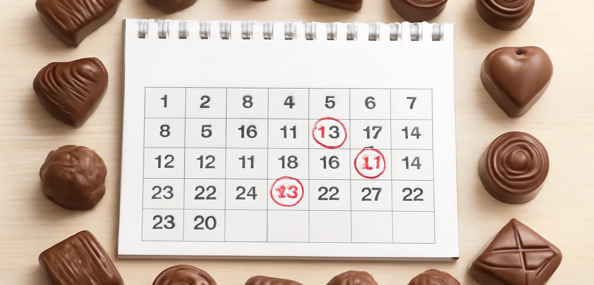 A calendar highlighting chocolate anniversary days with assorted chocolates arranged around it, chee