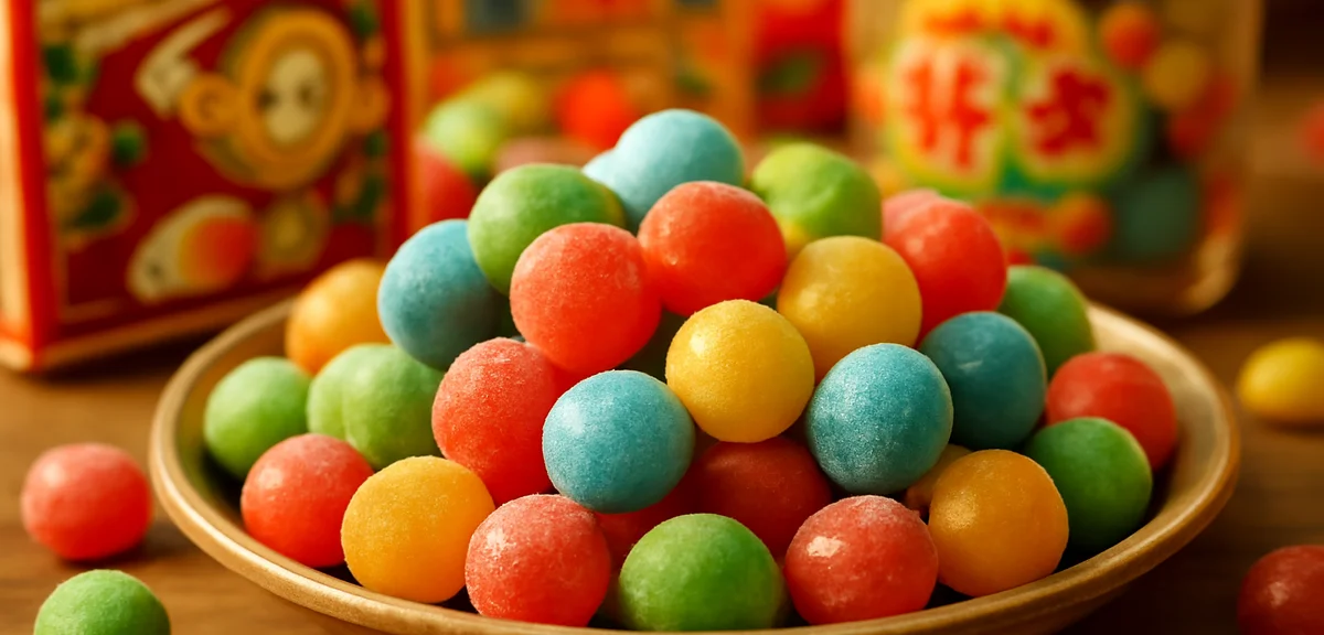 Retro Japanese sugar-coated chocolate candies in bright colors displayed with a nostalgic dagashi sh