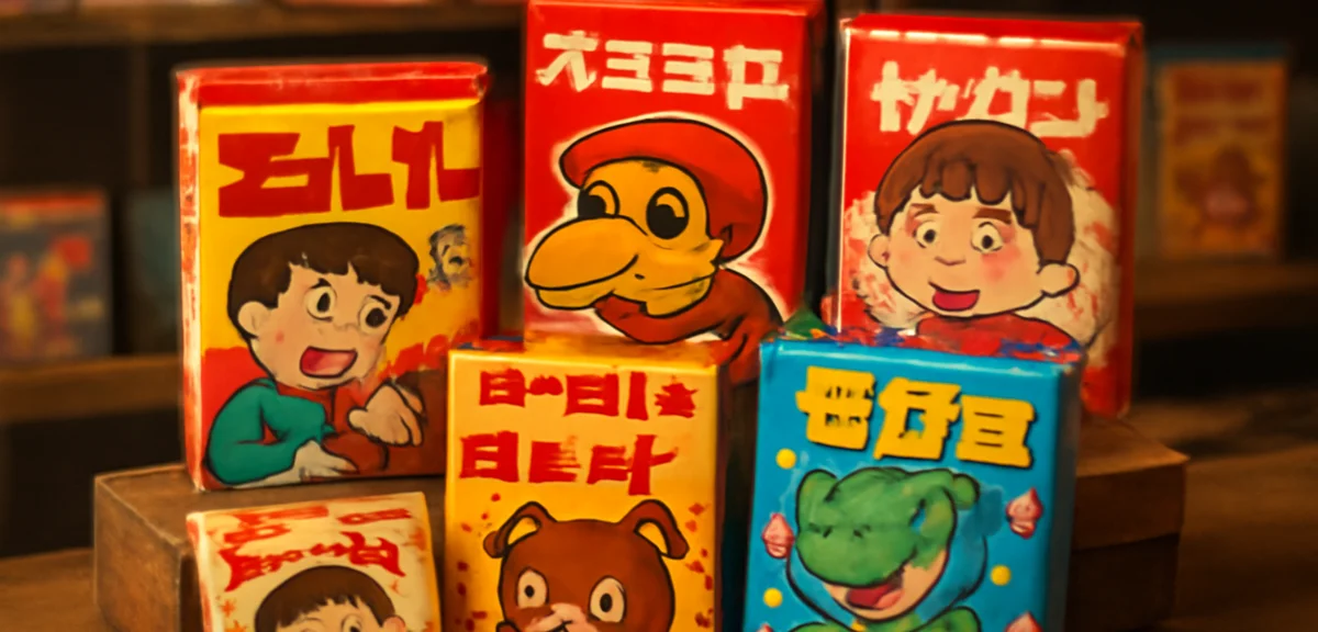 Nostalgic retro Japanese chocolate candy packages displayed together in a dagashi shop setting, colo
