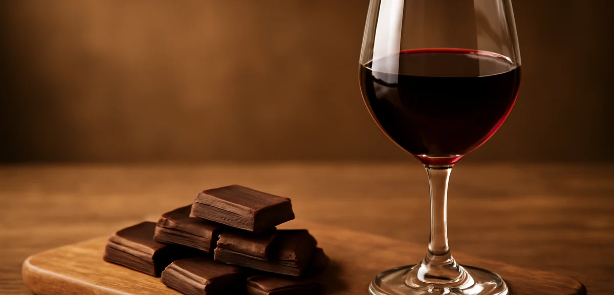 Dark chocolate pieces paired with a glass of deep red wine, elegant tasting arrangement on a wooden 