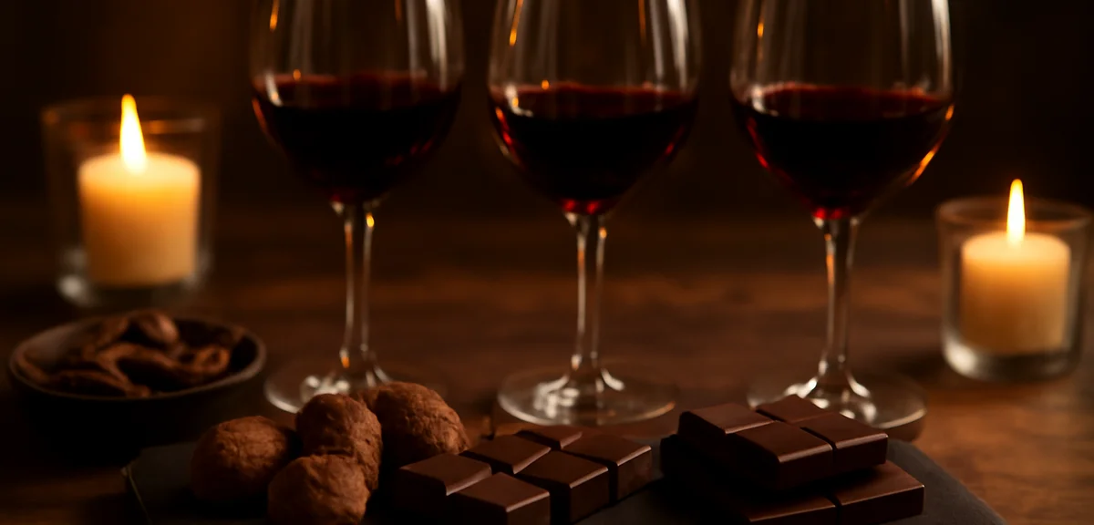 A refined chocolate and wine tasting setup with different chocolate types and wine glasses, elegant 
