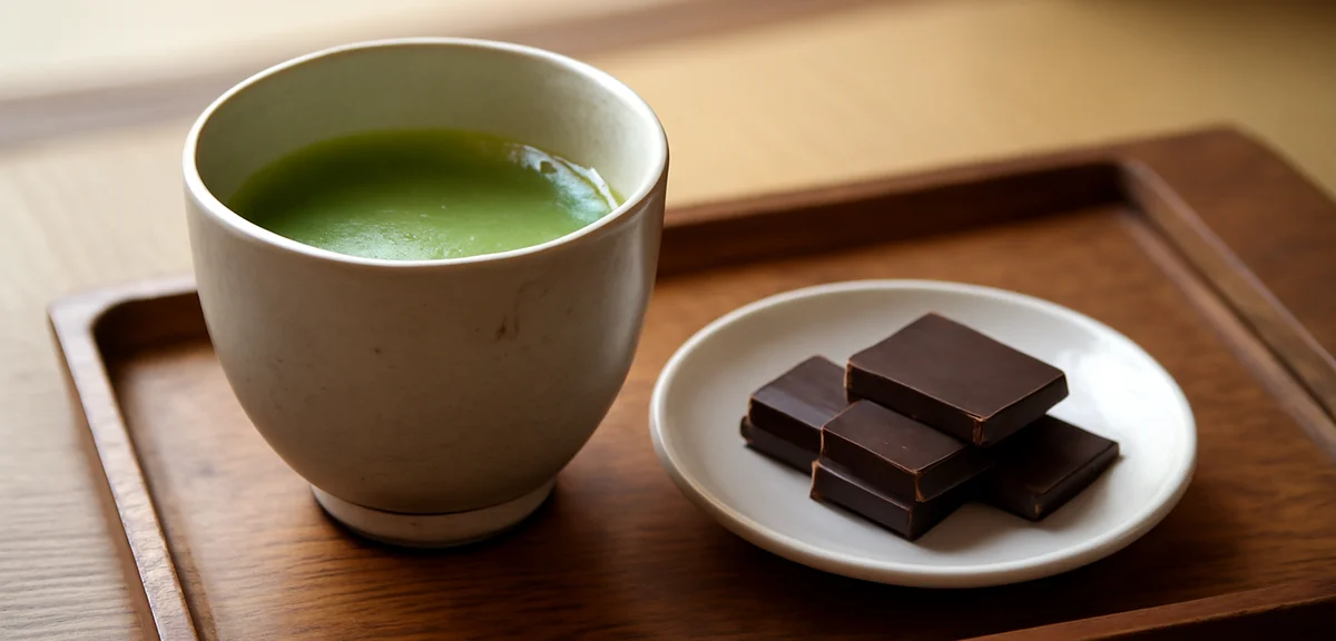 Japanese green tea in a ceramic cup paired with pieces of chocolate on a traditional wooden tray, se
