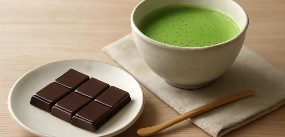 A tranquil scene of matcha tea and dark chocolate on a minimalist Japanese table setting, zen aesthe