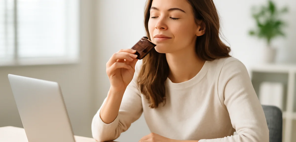 A person enjoying a piece of functional chocolate during a work break at a desk, calm relaxed moment