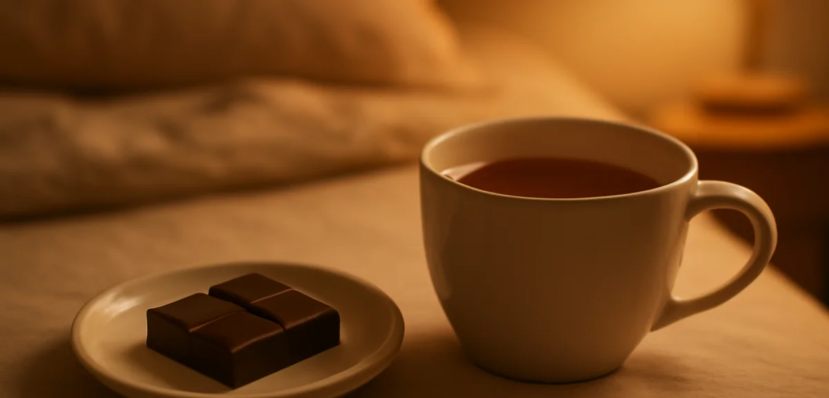 A single piece of dark chocolate on a small plate beside a cup of caffeine-free tea in a cozy evenin