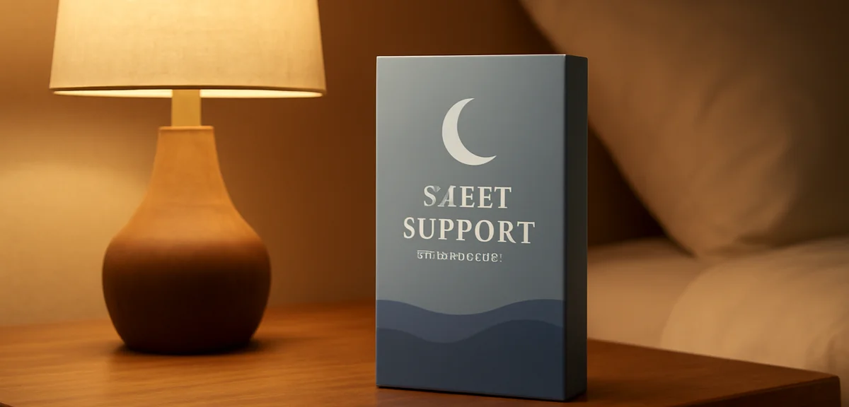 Functional sleep-support chocolate in calming packaging on a nightstand with a warm lamp, restful be