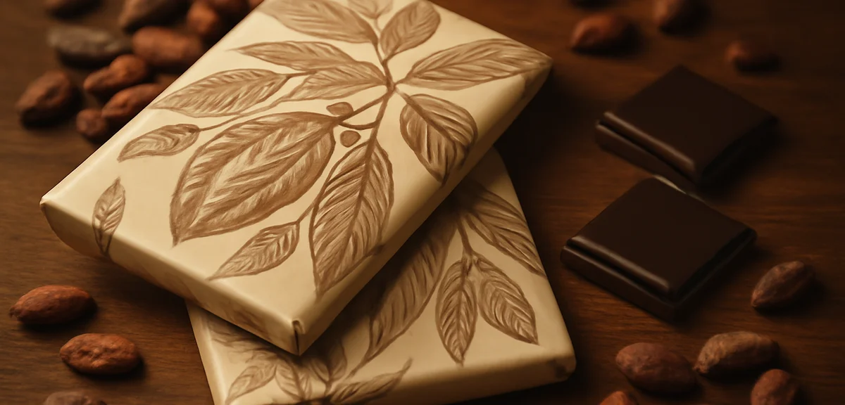 Elegant tablet chocolate bars with artistic packaging featuring floral cacao motifs, individually wr