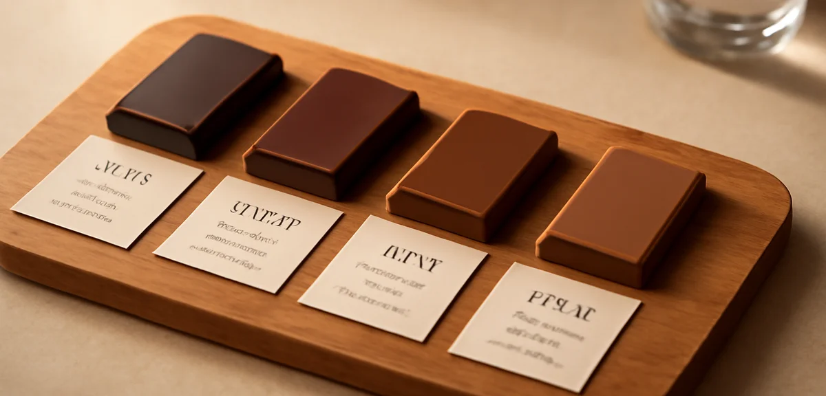 A tasting flight of different origin chocolate bars showing variety in color and character, with tas